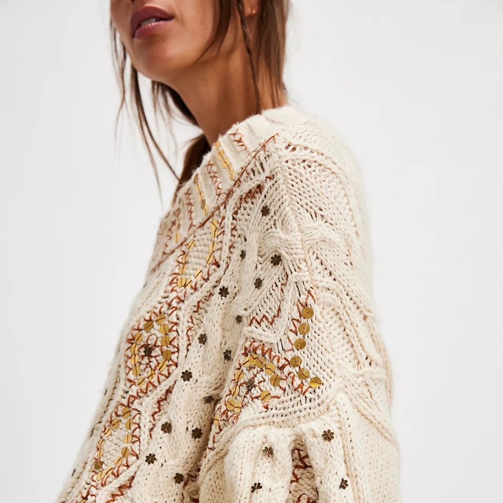 Free People Gilded Cable Embellished Sweater NWT $298 S